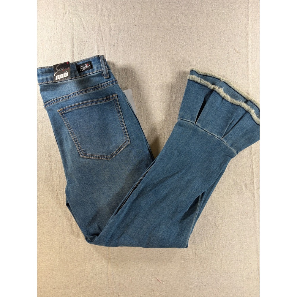 Earl Jeans Womens 6 Blue Crop Jeans Pleated Ruffle Frayed Hem Stretch NWT